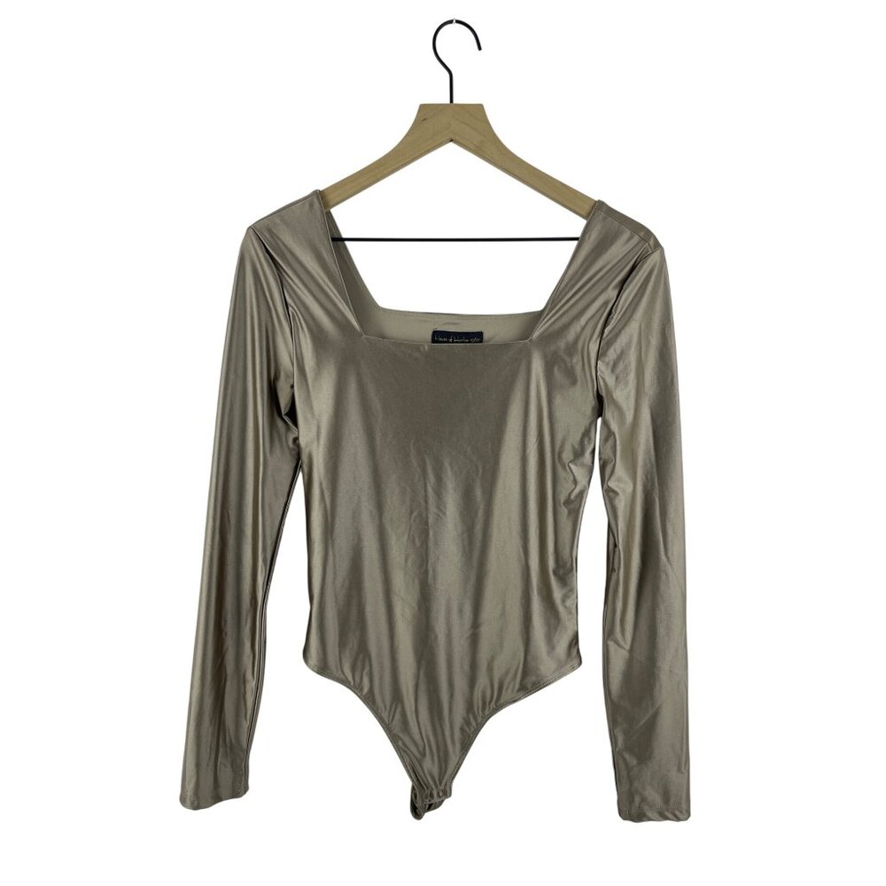 House of Harlow Women's Small Metallic Square Neck Long Sleeve Thong Bodysuit
